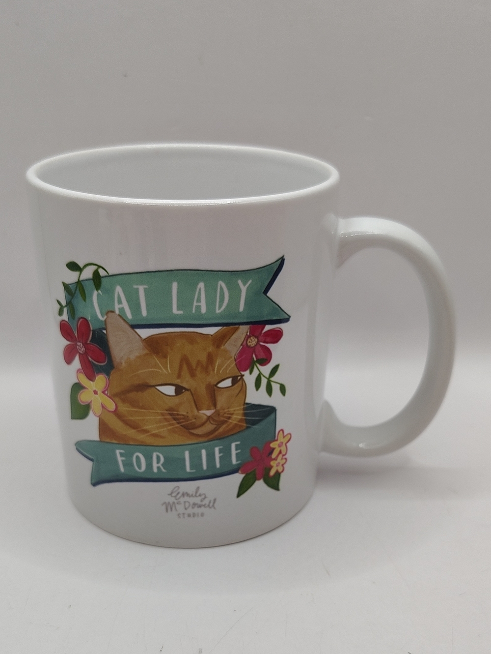 Cat Lady For Life Ceramic Mug - White with Orange Cat Design
